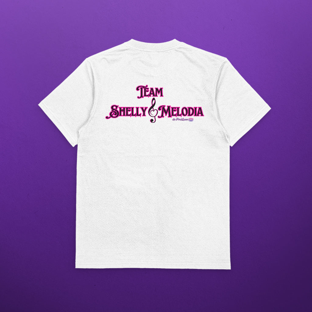 Weißes T-Shirt Rückseite mit Schwarzem Team ShellyMelodia Logo