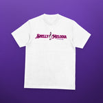 black shellymelodia logo on white t-shirt mockup