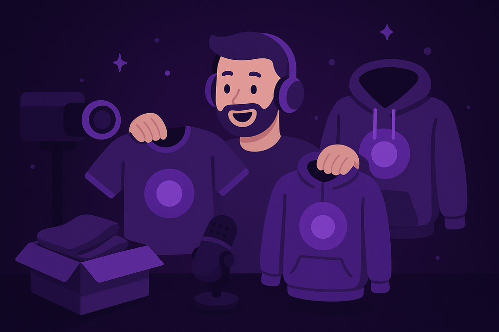 Ein Streamer präsentiert stolz T-Shirts und Hoodies seiner eigenen Merchandise-Kollektion vor der Kamera.
