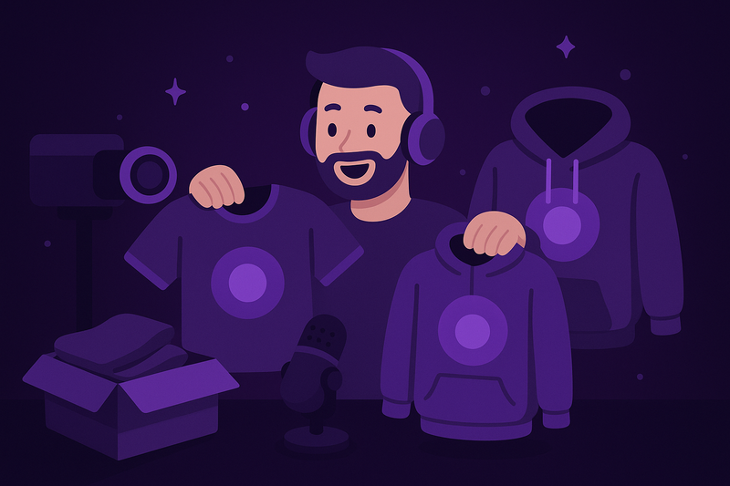 Ein Streamer präsentiert stolz T-Shirts und Hoodies seiner eigenen Merchandise-Kollektion vor der Kamera.