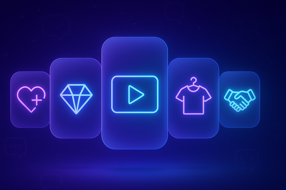Futuristischer Neon-Header mit fünf Symbolkarten (Herz+, Diamant, Play/Ad, T-Shirt, Handschlag) – die 5 Wege, wie Twitch-Streamer Geld verdienen.