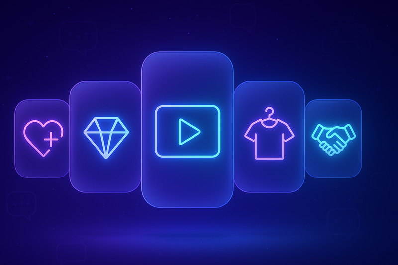 Futuristischer Neon-Header mit fünf Symbolkarten (Herz+, Diamant, Play/Ad, T-Shirt, Handschlag) – die 5 Wege, wie Twitch-Streamer Geld verdienen.