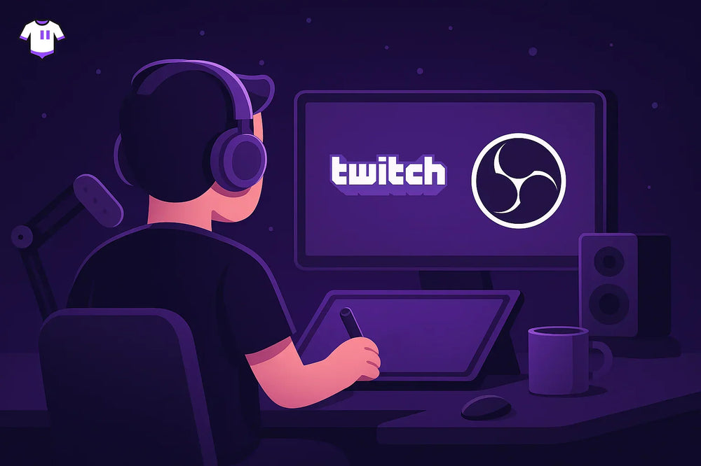 Streamer am Schreibtisch mit Twitch- und OBS-Logo auf dem Monitor in violettem Licht.