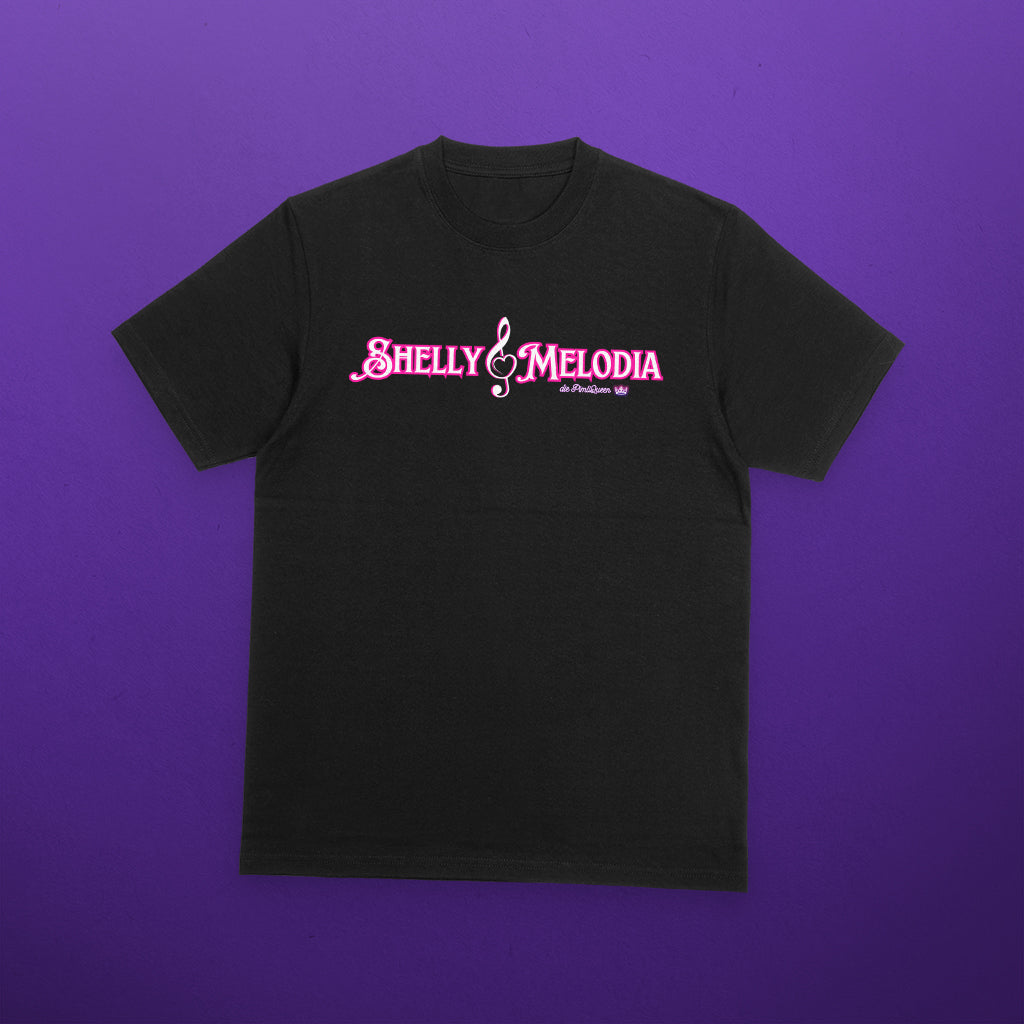 white shellymelodia logo on black t-shirt mockup 