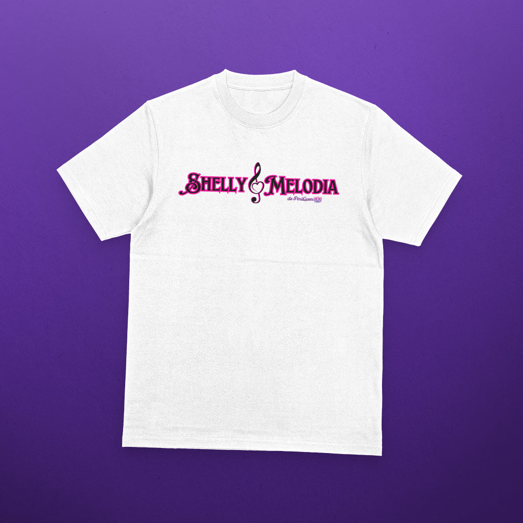 black shellymelodia logo on white t-shirt mockup 